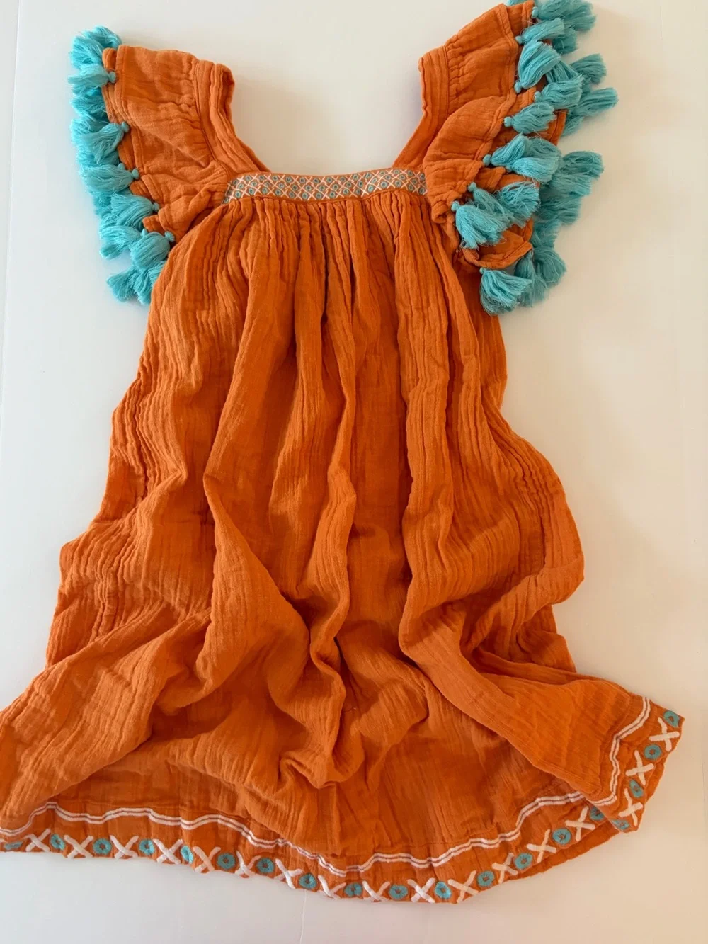 Mer St Barth Serena Tassel Dress Girls Size 12 Orange 100% Cotton